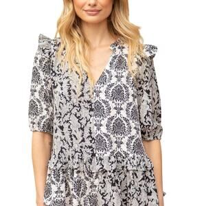 VOY NWT Black & White Mixed Damask Print 3/4 Sleeve Ruffle Tiered Peplum Blouse